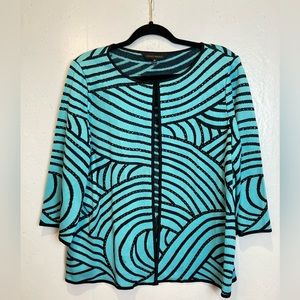 Ming Wang Cardigan Sweater Jacket Size XL Aqua Blue Black Art To Wear Studs